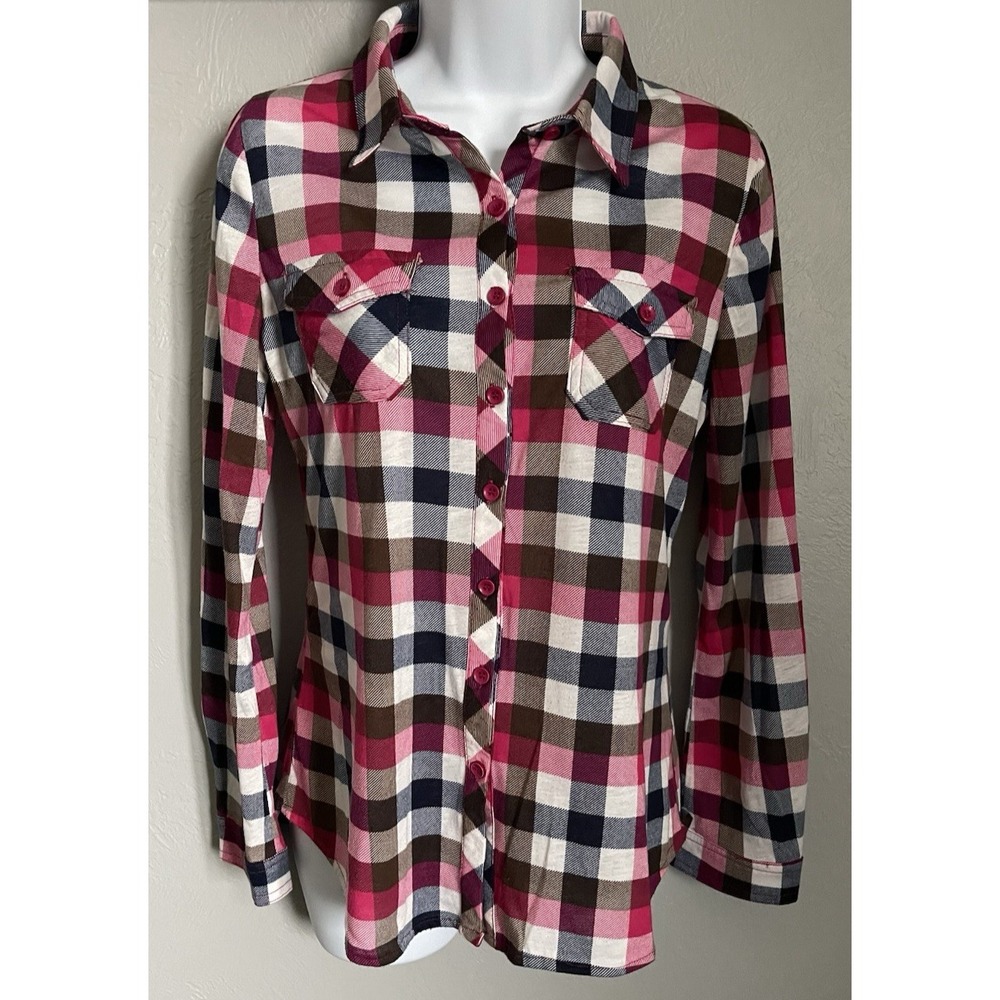 Winwin Long Sleeve Shirt Womens Size Medium Pink Button Down Plaid Roll Tab Top